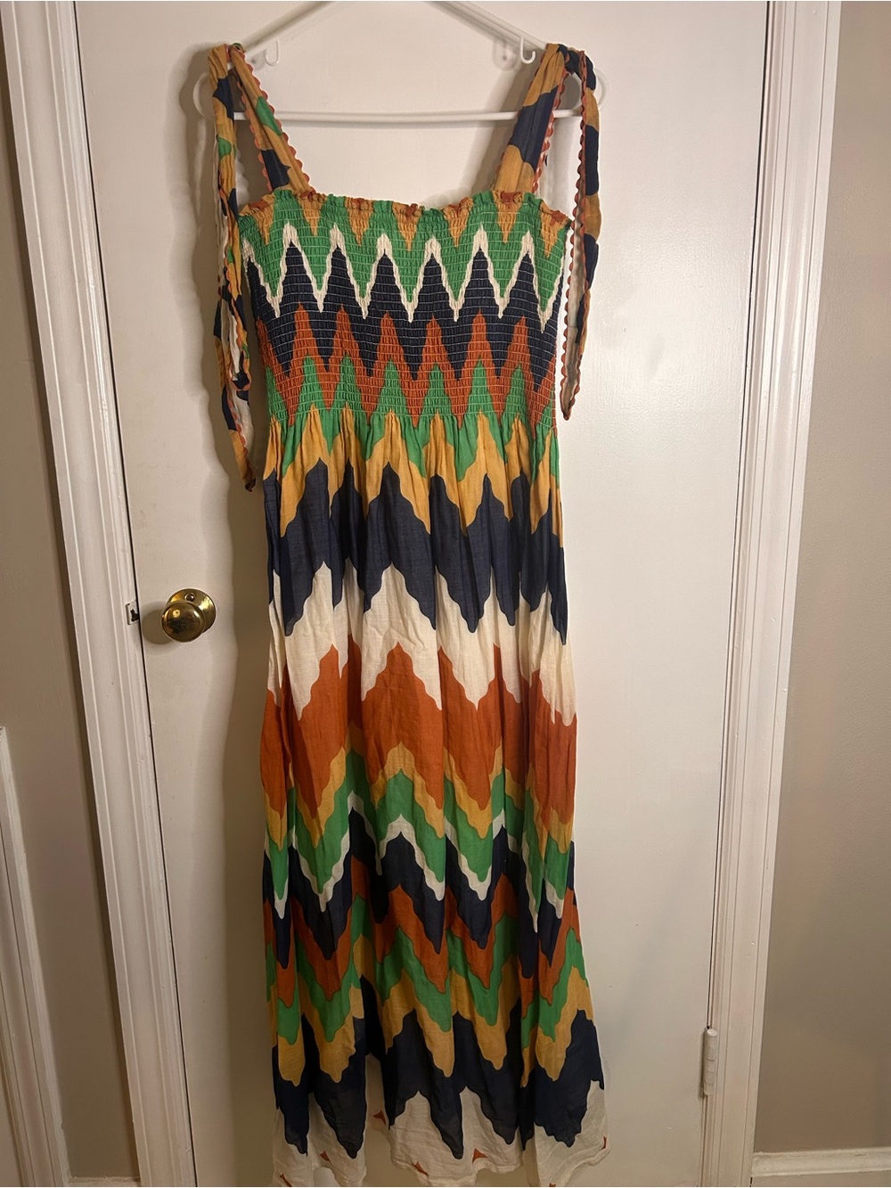 DERHY PETALE CHEVRON PRINT MAXI DRESS IN GREEN/NAVY/BURNT ORANGE/CREAM SZ SM